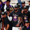 Four Time NBA Champion Lebron James Holding 2020 NBA Finals MVP Trophy