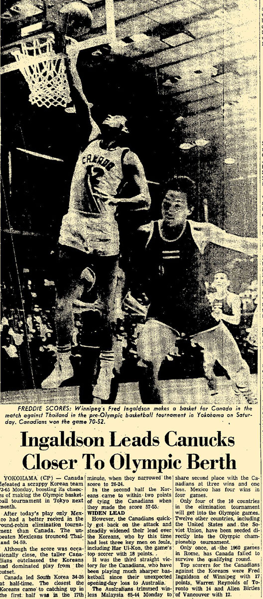 Fred ingaldson leads canada basketball closer to 1964 olympics basketball berth