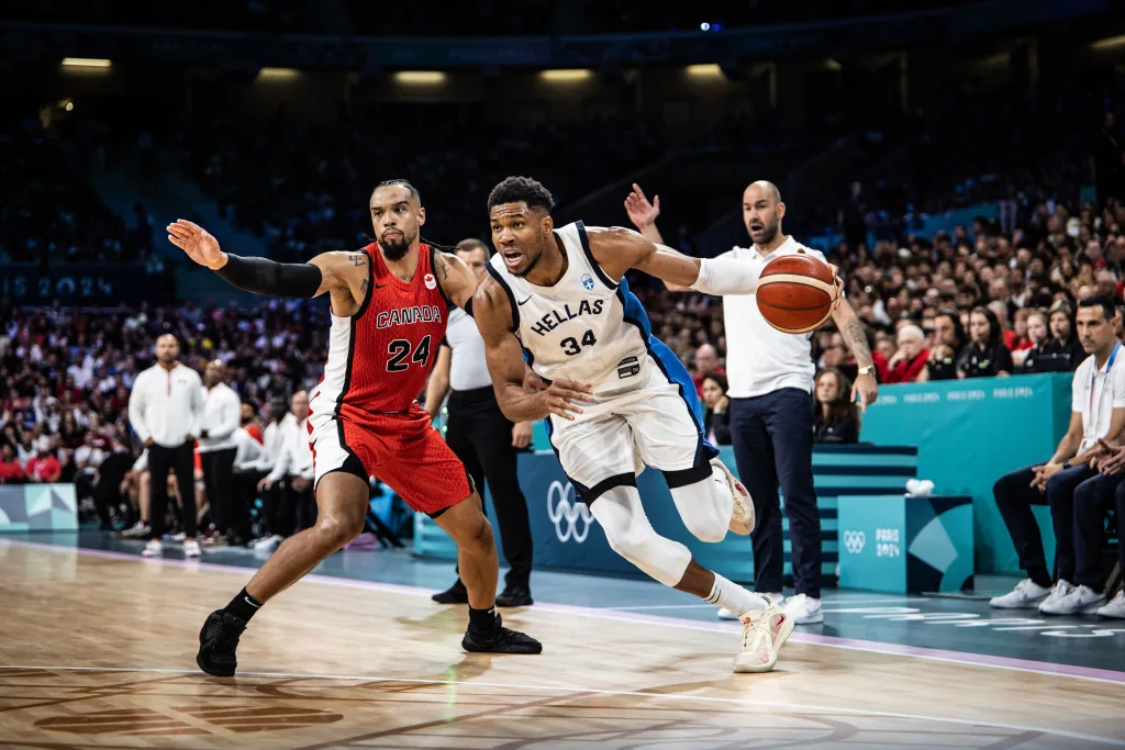 Giannis antetokounmpo drives past dillon brooks 2024 paris olympics