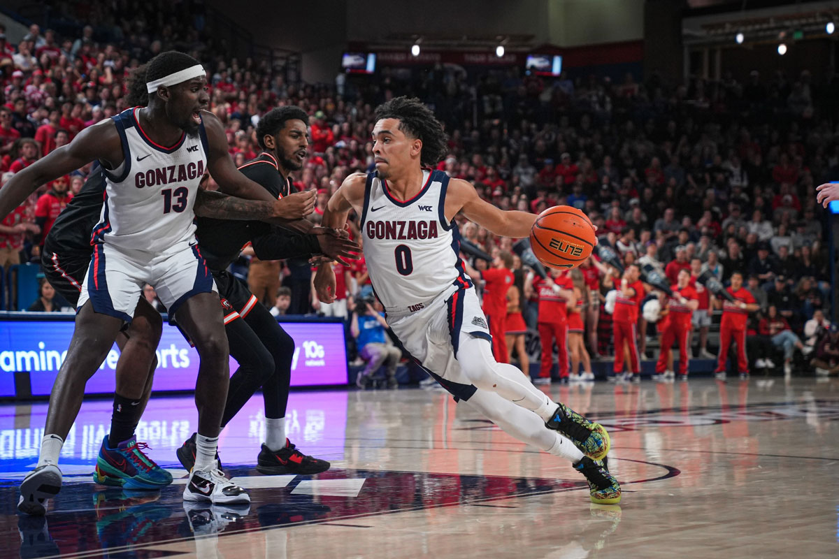 Gonzaga Bulldogs point guard Ryan Nembhard attacks the basket in a match-up versus Pacific Pacific on February 17th at the McCarthey Athletic Center in Spokane, WA. Nembhard finished with 18 points and 10 assists.