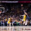 Canadian Jamal Murray knocks down a three-pointer over LeBron James in game two of the 2023 Western Conference Finals