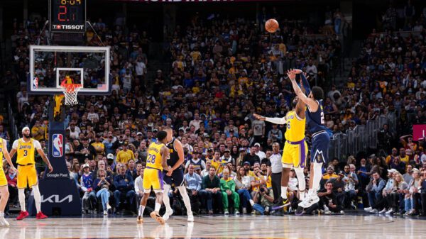 Canadian Jamal Murray knocks down a three-pointer over LeBron James in game two of the 2023 Western Conference Finals