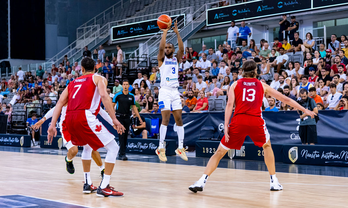 Jean montero shoots a three pointer during the dominican republic 94 88 win over canada in fiba world cup 2023 exhibition action