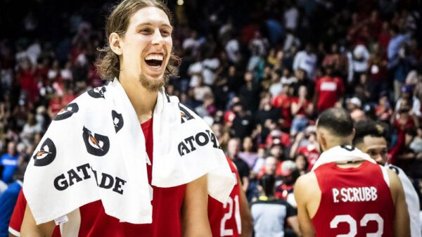 Kelly Olynyk smiles following Canada's Americas qualifiers win over the Dominican Republic. Team Canada has been slotted in Group H and will face France, Latvia and Lebanon in the 32-team FIBA World Cup 2023