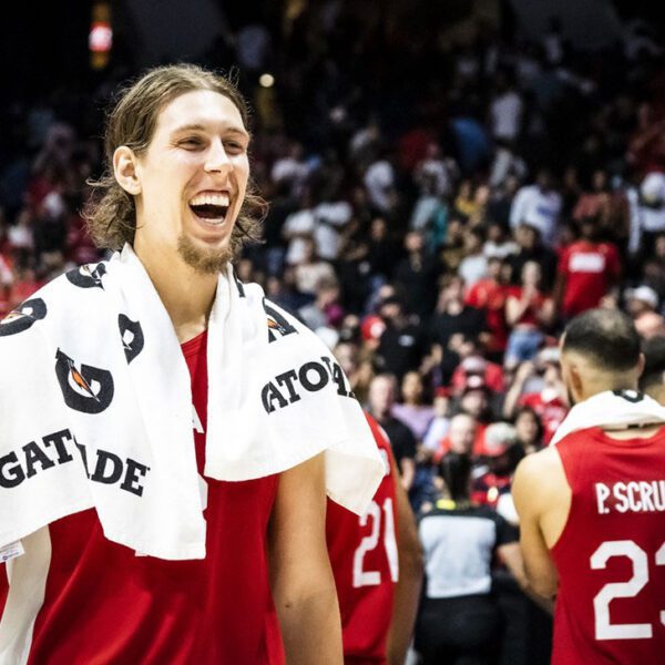 Kelly Olynyk smiles following Canada's Americas qualifiers win over the Dominican Republic. Team Canada has been slotted in Group H and will face France, Latvia and Lebanon in the 32-team FIBA World Cup 2023