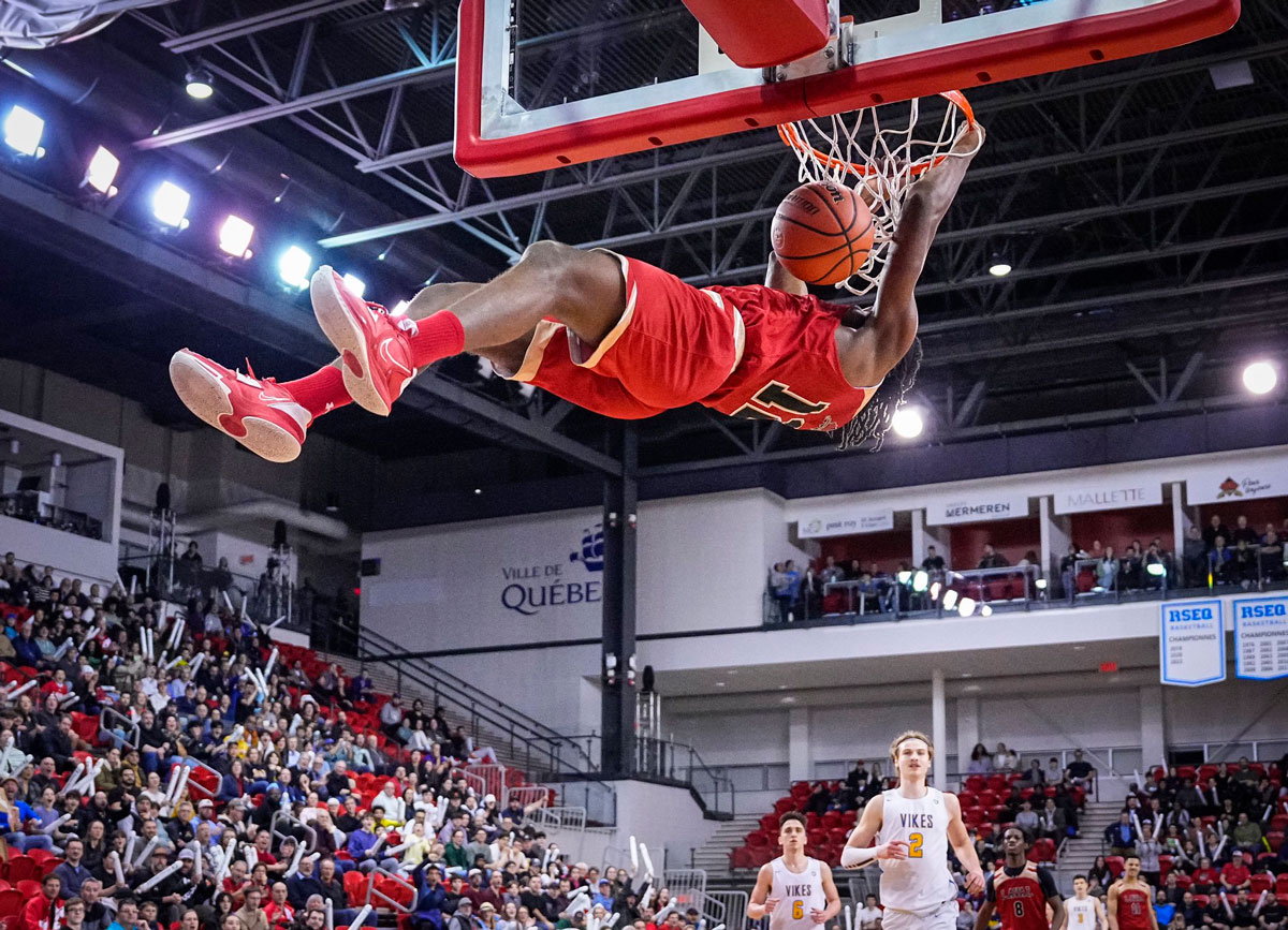 Laval rookie willem mwanza throws down a big two hand slam dunk to help the rouge et or defeat top ranked victoria vikes at 2024 usports mens final 8 championships in quebec city
