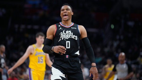 Los Angeles Clippers Russell Westbrook yelling after a made basket.