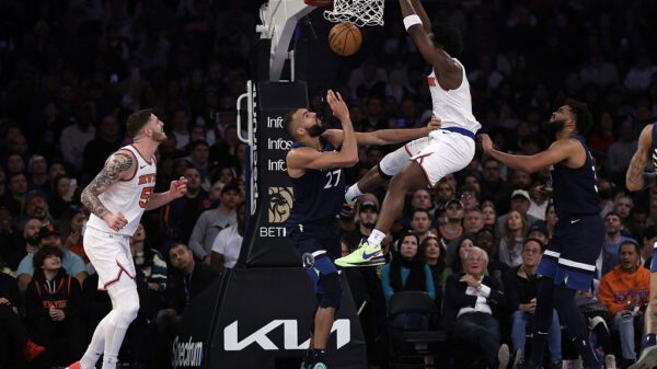 Newly acquired New York Knicks forward O.G Anunoby throws down a big two hand-dunk over Rudy Gobert and the Minnesotta Timberwolves. Anunoby finished with 17 points, and six rebounds in his debut at Madison Square Garden.