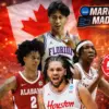 Canadian NCAA standouts featured ahead of the 2026 tournament: (L–R) Xaivian Lee (Florida Gators), Aden Holloway (Alabama Crimson Tide), Elijah Mahi (Santa Clara Broncos), and Emanuel Sharp (Houston Cougars) headline a record 36 Canadians competing in the 2026 NCAA Men’s Basketball March Madness Tournament.