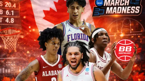 Canadian NCAA standouts featured ahead of the 2026 tournament: (L–R) Xaivian Lee (Florida Gators), Aden Holloway (Alabama Crimson Tide), Elijah Mahi (Santa Clara Broncos), and Emanuel Sharp (Houston Cougars) headline a record 36 Canadians competing in the 2026 NCAA Men’s Basketball March Madness Tournament.
