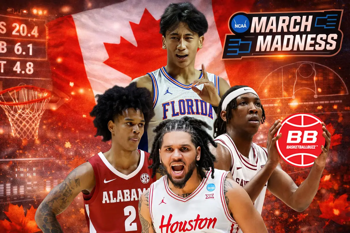 Canadian NCAA standouts featured ahead of the 2026 tournament: (L–R) Xaivian Lee (Florida Gators), Aden Holloway (Alabama Crimson Tide), Elijah Mahi (Santa Clara Broncos), and Emanuel Sharp (Houston Cougars) headline a record 36 Canadians competing in the 2026 NCAA Men’s Basketball March Madness Tournament.