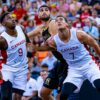 RJ Barrett (18 points, 6/11 FG) and Dwight Powell (12 points, 12 rebounds) box out Santi Aldam to help lead Canada to an 85-80 overtime win over top-ranked Spain in pre-FIBA World Cup 2023 exhibition action.