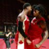 RJ Barrett and Luguentz Dort chest bump during Team Canada 97-91 victory over Greece at the 2020 FIBA Olympic Qualiying Tournament in Victoria, British Columbia