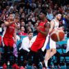 Rj barrett celebrates after knocking down a three pointer versus greece at the 2024 paris olympic games