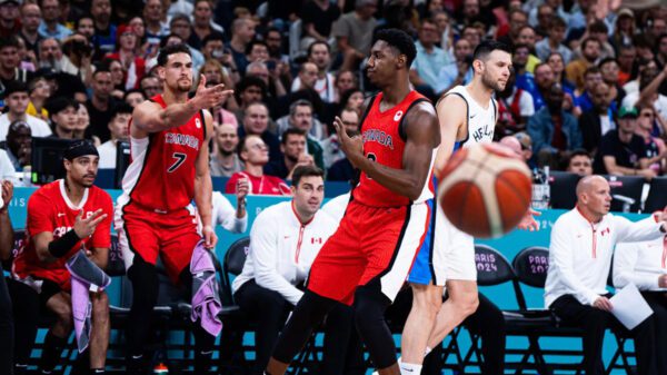 Rj barrett celebrates after knocking down a three pointer versus greece at the 2024 paris olympic games