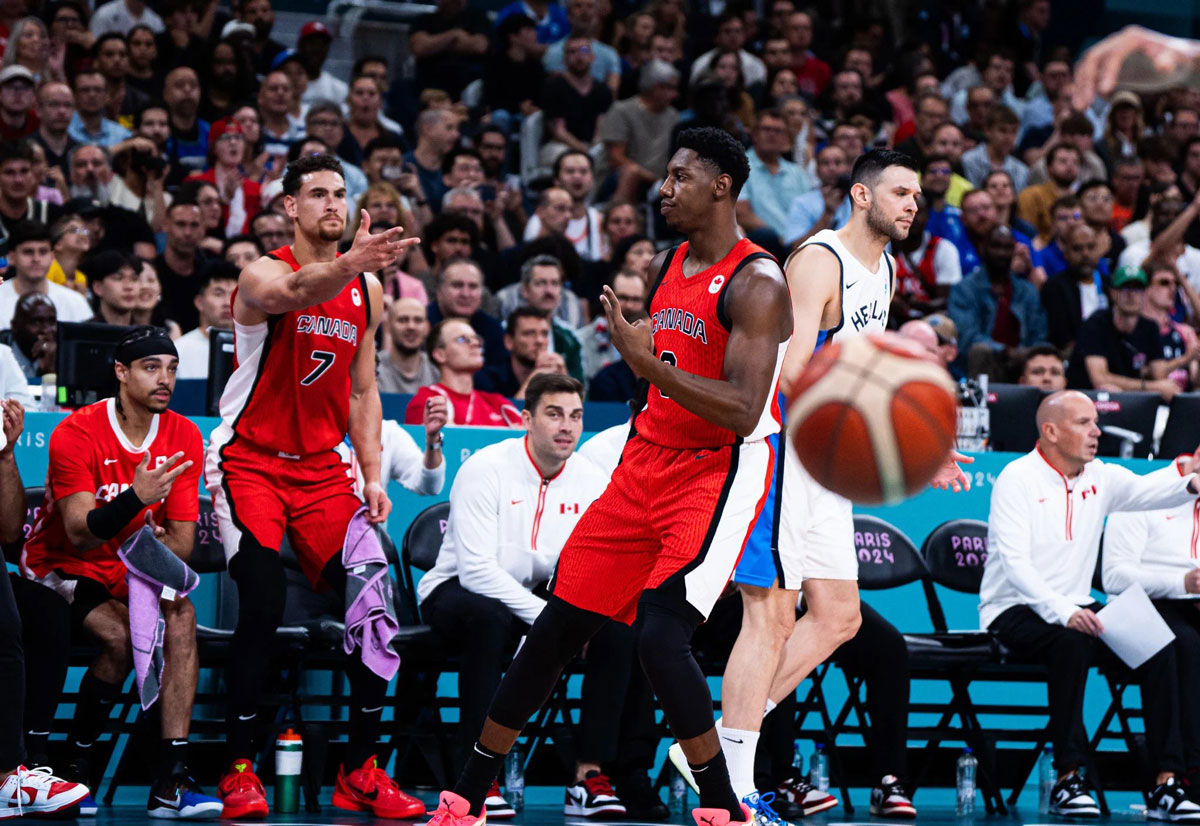 Rj barrett celebrates after knocking down a three pointer versus greece at the 2024 paris olympic games