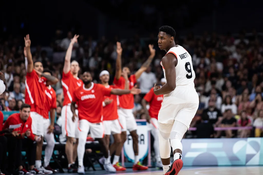 Rj barrett jogs back on defence after hitting a three pointer against australia at 2024 paris olympics