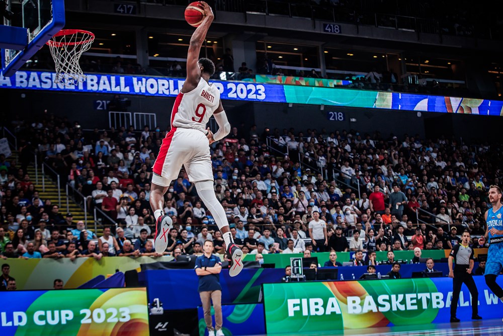 RJ Barrett skies for a big dunk during the third-quarter as Canada’s senior men’s team defeats Slovenia 100-89 to reach the FIBA World Cup semi-finals for the first time.