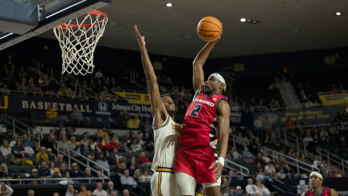 Samford bulldogs canadian guard jaden campbell skies for two hand dunk during the regular season