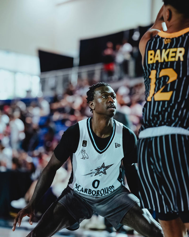 Scarborough shooting stars myck kabongo playing defence against the brampton honey badgers