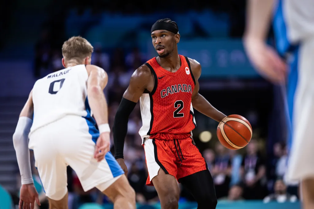 Shai gilgeous alexander dribbles the ball against greece at 2024 paris olympic games