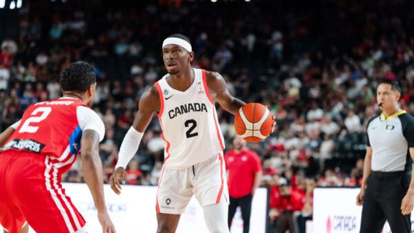 Shai Gilgeous-Alexander attacks the basket during Canada's 110-84 victory over Puerto Rico in a FIBA Basketball World Cup 2027 Americas Qualifier at TD Coliseum in Hamilton, Ont.
