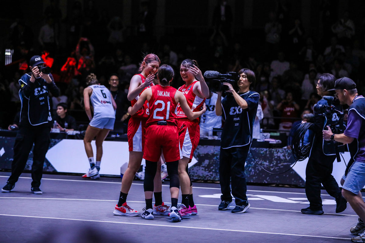 Tamami nakada and team japan celebrate following their victory over austria at 2024 fiba 3x3 olympics qualifiers