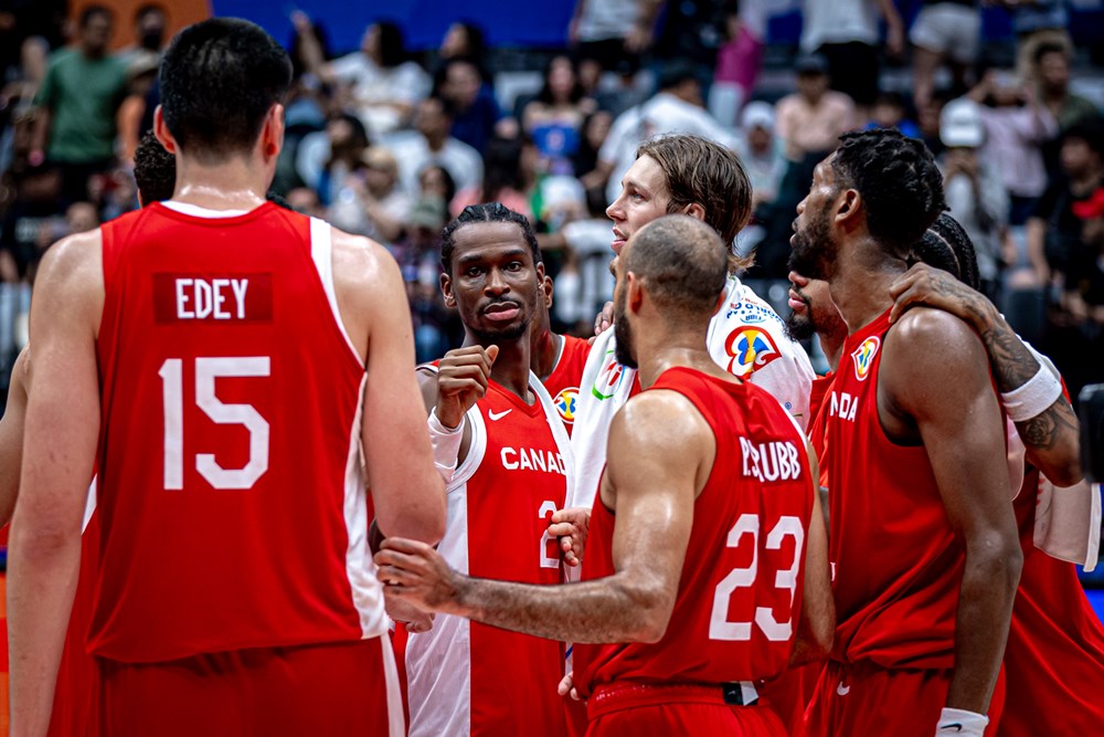 Team canada celebrates at center court following their 128 73 win over lebanon at the 2023 fiba world cup