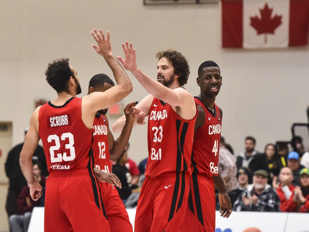 team canada high fives 2020 fiba americup qualifiers against dominican republic