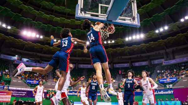 Tyran Stokes finishes off one of fifteen United States dunks during dominate 82 point beat down of Canada to claim 2023 FIBA U16 Americas Gold