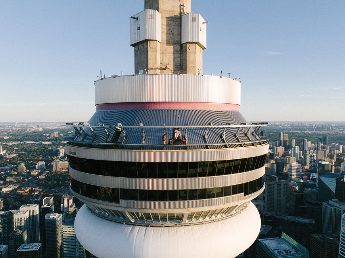 Vince carter toronto raptors jersey hangs from the cn tower