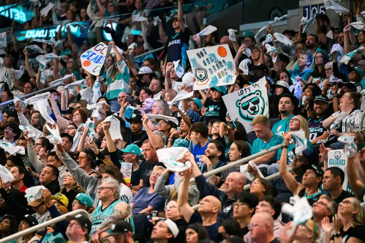 Winnipeg Sea Bears fans celebrate the team’s first CEBL championship during a packed house at Canada Life Centre.