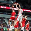 Canadian seven-foot-four center Zach Edey throws down big dunk over spain at the 2021 FIBA U19 World Cup. Team Canada will play rivals USA in the semi-finals.